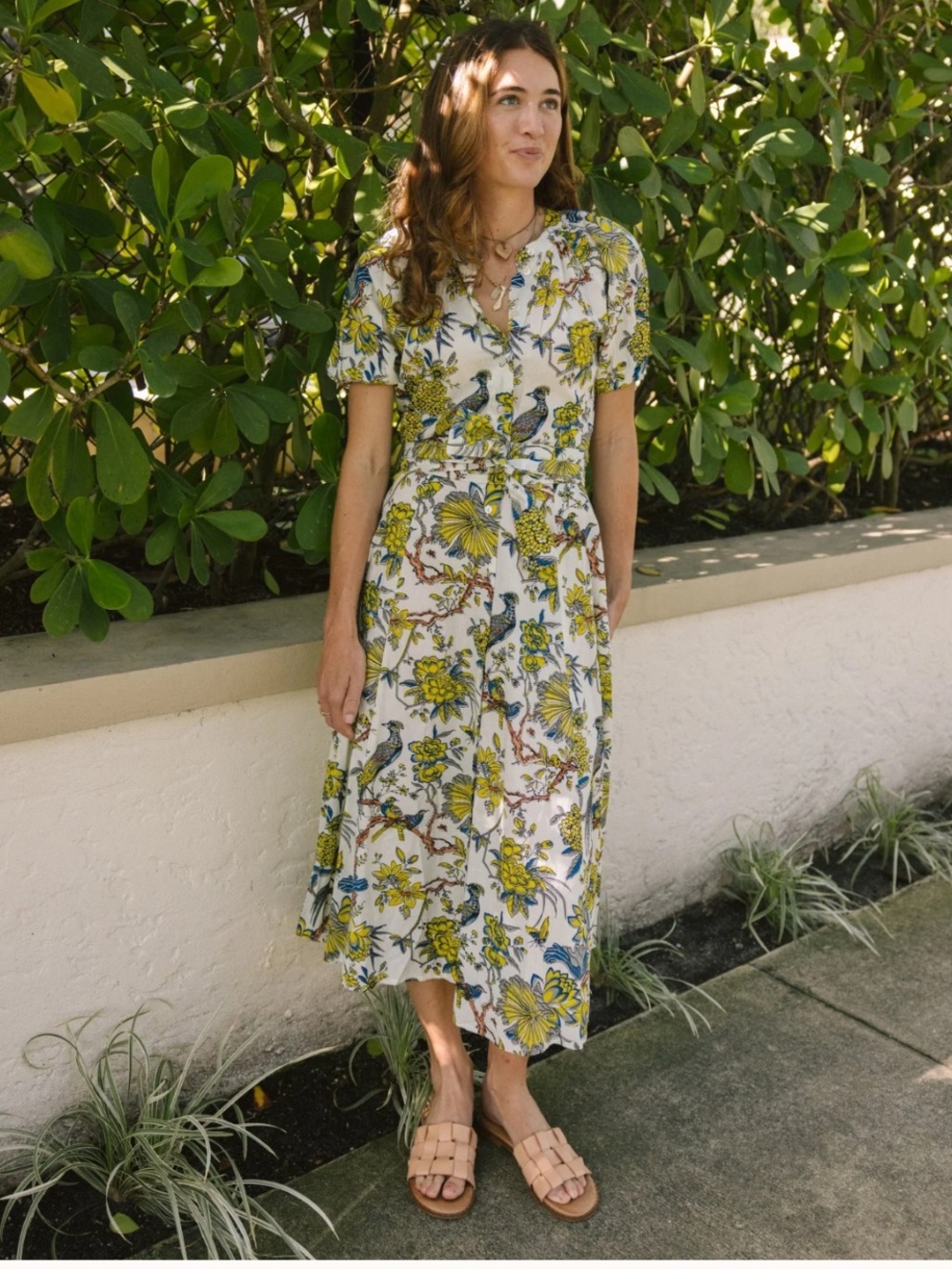 V-Neck Floral Tie-Waist Midi Dress in White and Yellow